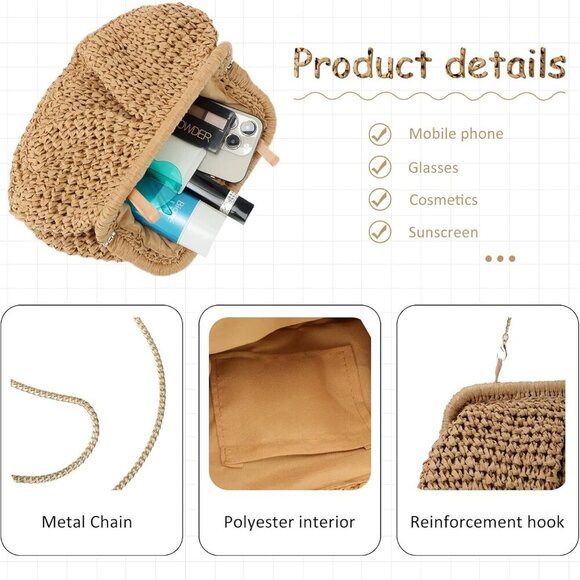 Straw Clutch Purse for Women Summer Beach Crossbody Handbag Woven Bag - Picture 4 of 6